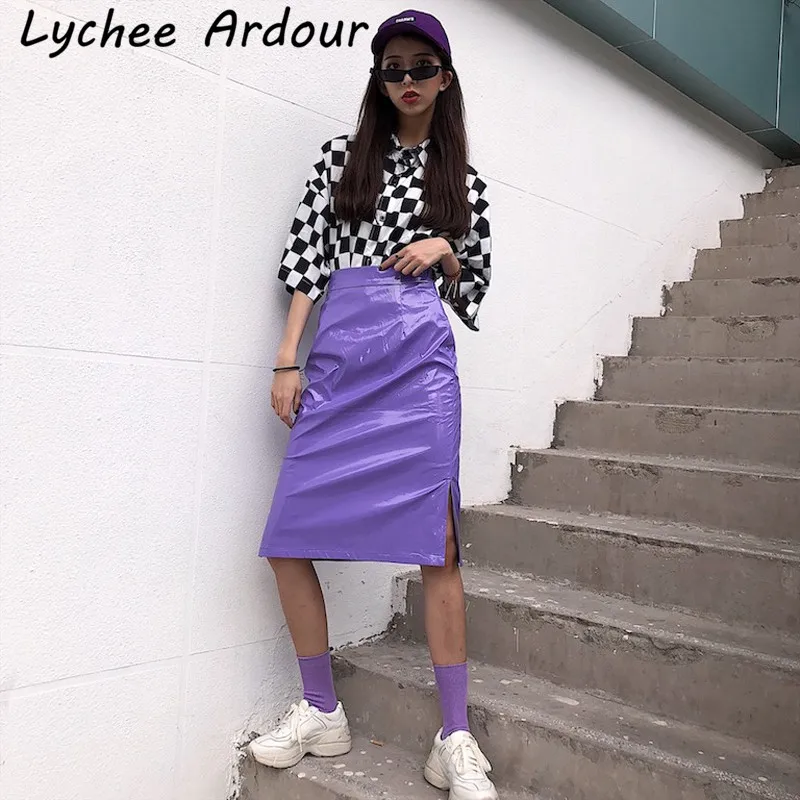 Lychee Ardour PU юбка с Боковым Разрезом фиолетовый сплошной цвет женские длинные юбки