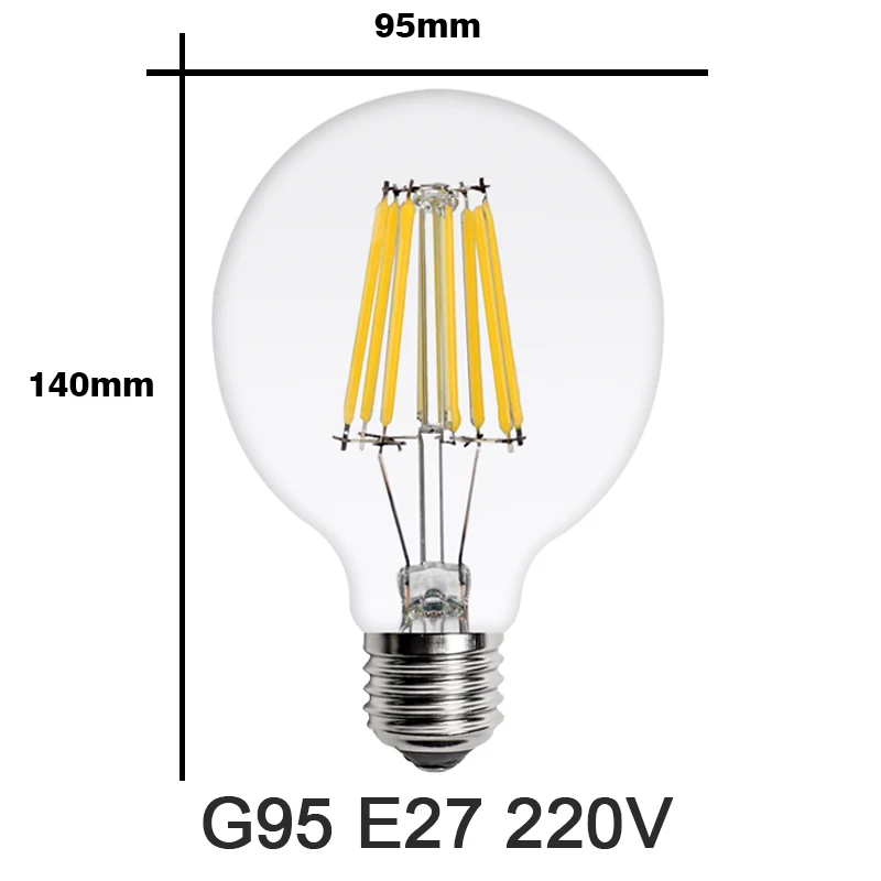 G95 Светодиодный лампа накаливания Эдисона E14 E27 220V C35 G45-G95 ST60 A60 T45 2W 4W 6W 8W подвесной светильник в стиле ретро лампы в форме свечи люстра лампа украшения дома светильник - Испускаемый цвет: G95
