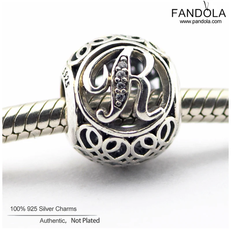 Подлинное 925 пробы серебряные алфавитные Винтаж R буква Шарм бусины для