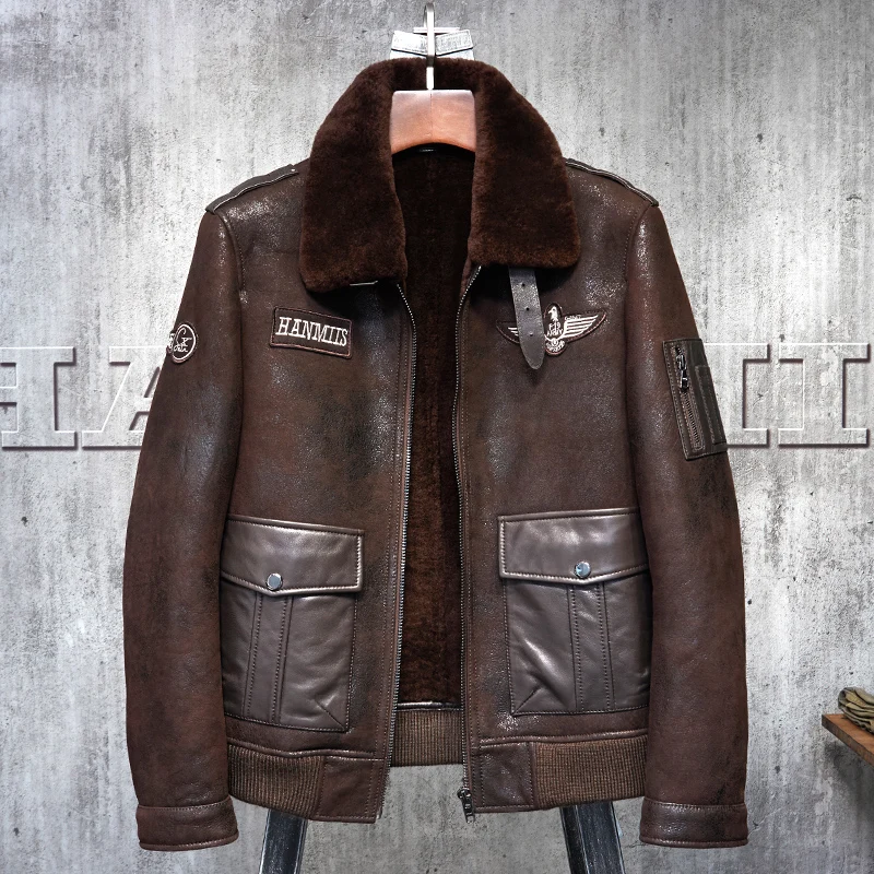 Red Brown Shearling Flight Jacket Military Style American Pilot's Le Bomber B3 Men's Shearling Coat Men's Fur Coat