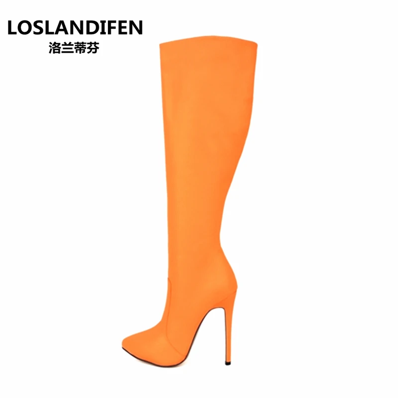 

Winter short plush slim long tube large size women's boots solid color pu material 10cm super high heel women's chelsea boots
