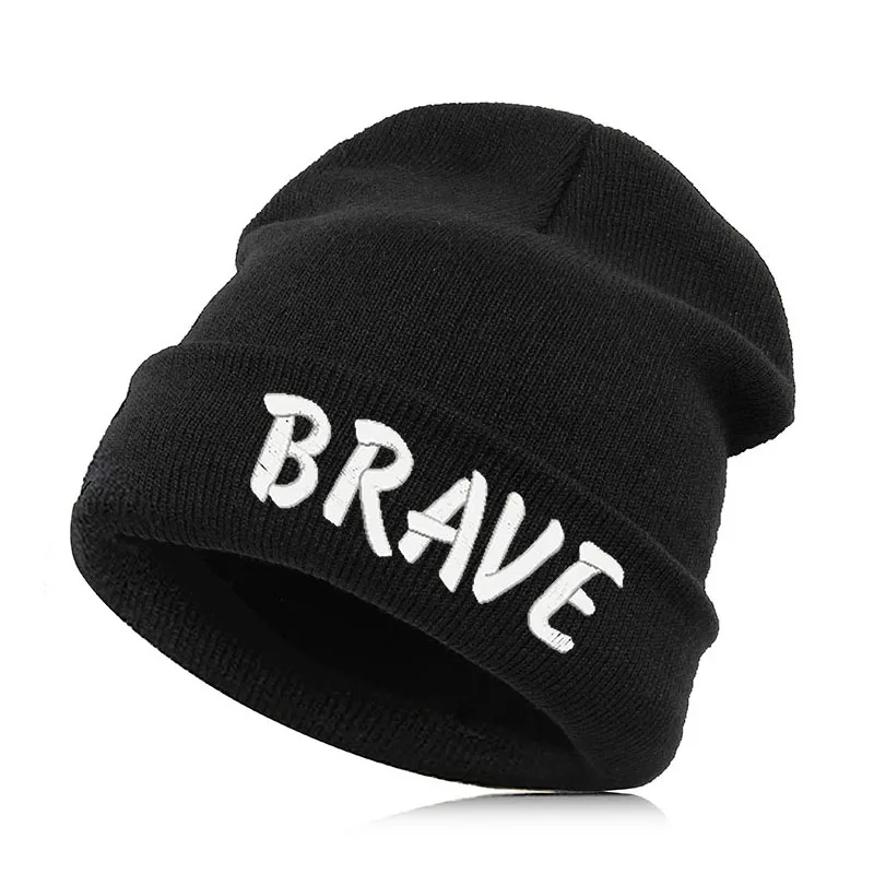 BRAVE Beanie шляпа Skullie шапка, вязаная шапка-носок зима-осень вышивка лозунг девиз слова в стиле панк Для мужчин Для женщин для мальчиков и девочек для уличных танцев - Цвет: BRAVE