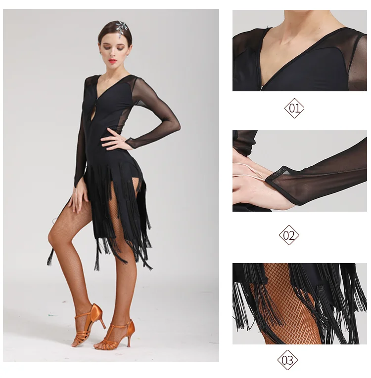 Женское платье для латиноамериканских танцев с длинным рукавом и V образным