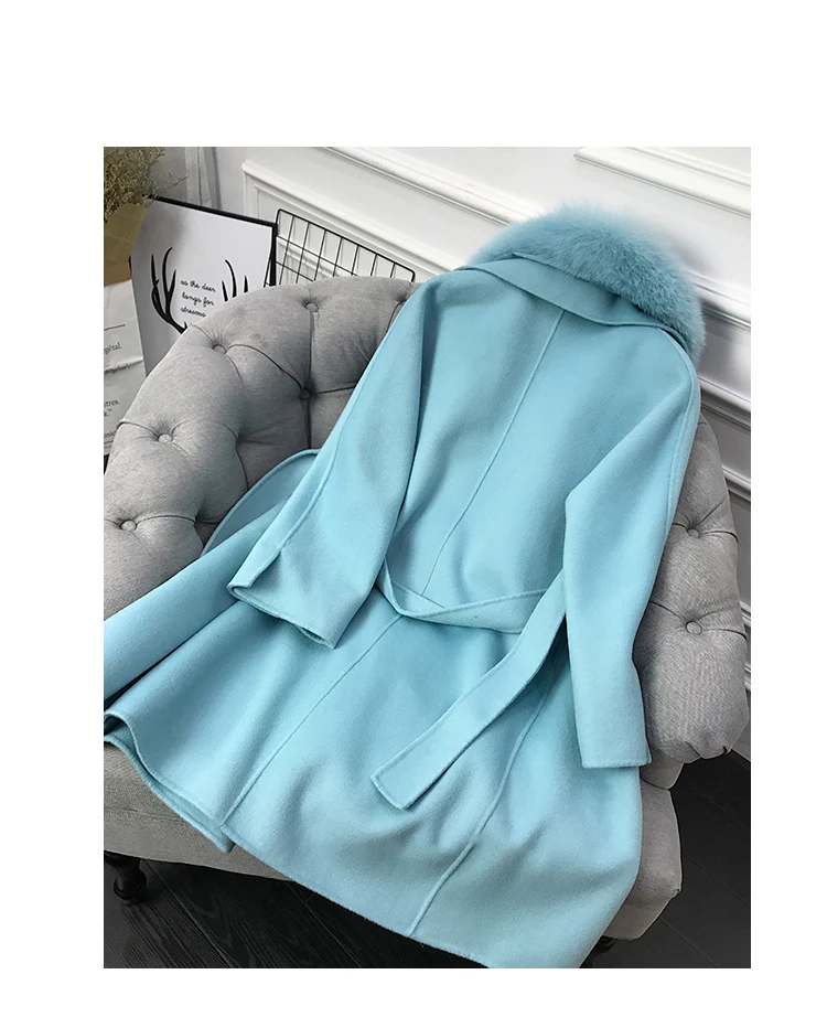 OFTBUY пальто с натуральным мехом, зимняя женская куртка, воротник из натурального Лисьего меха, кашемировая шерсть, Длинная Верхняя одежда с поясом, женская уличная одежда