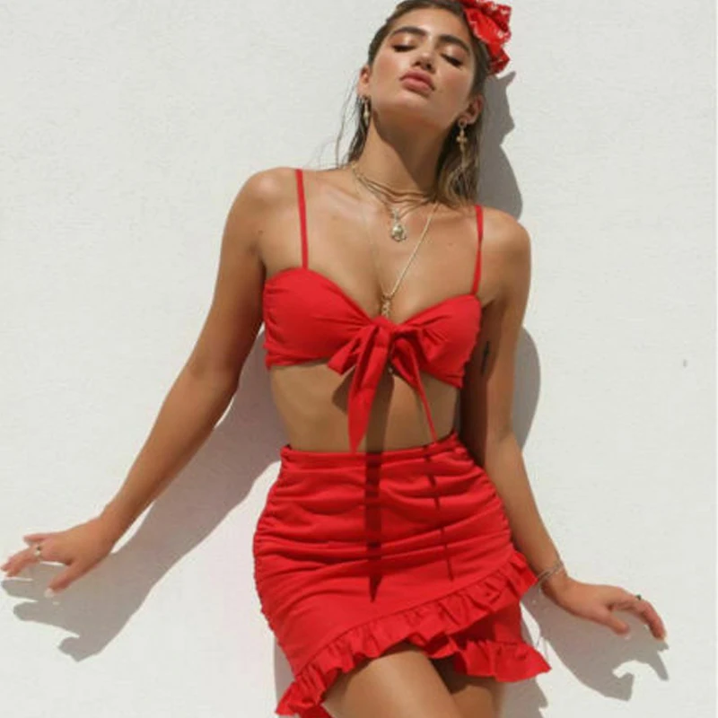 Женский облегающий комплект из двух предметов укороченный топ бикини и юбка