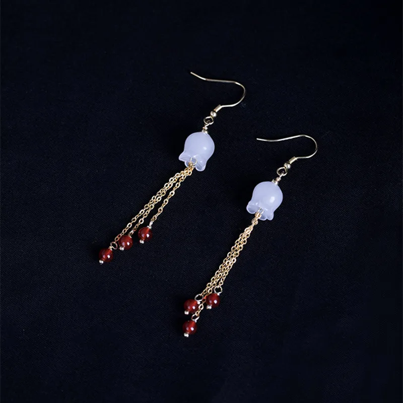 Женские серьги кисточки из серебра 925 пробы с нефритовыми