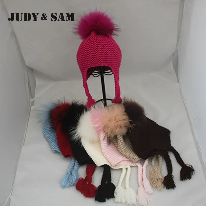 12-36Months Warm Winter Wool Blend Knitted Kids Earflap Hat with Matching Color Real Raccoon Fur Pom Poms Baby Bomber Hat
