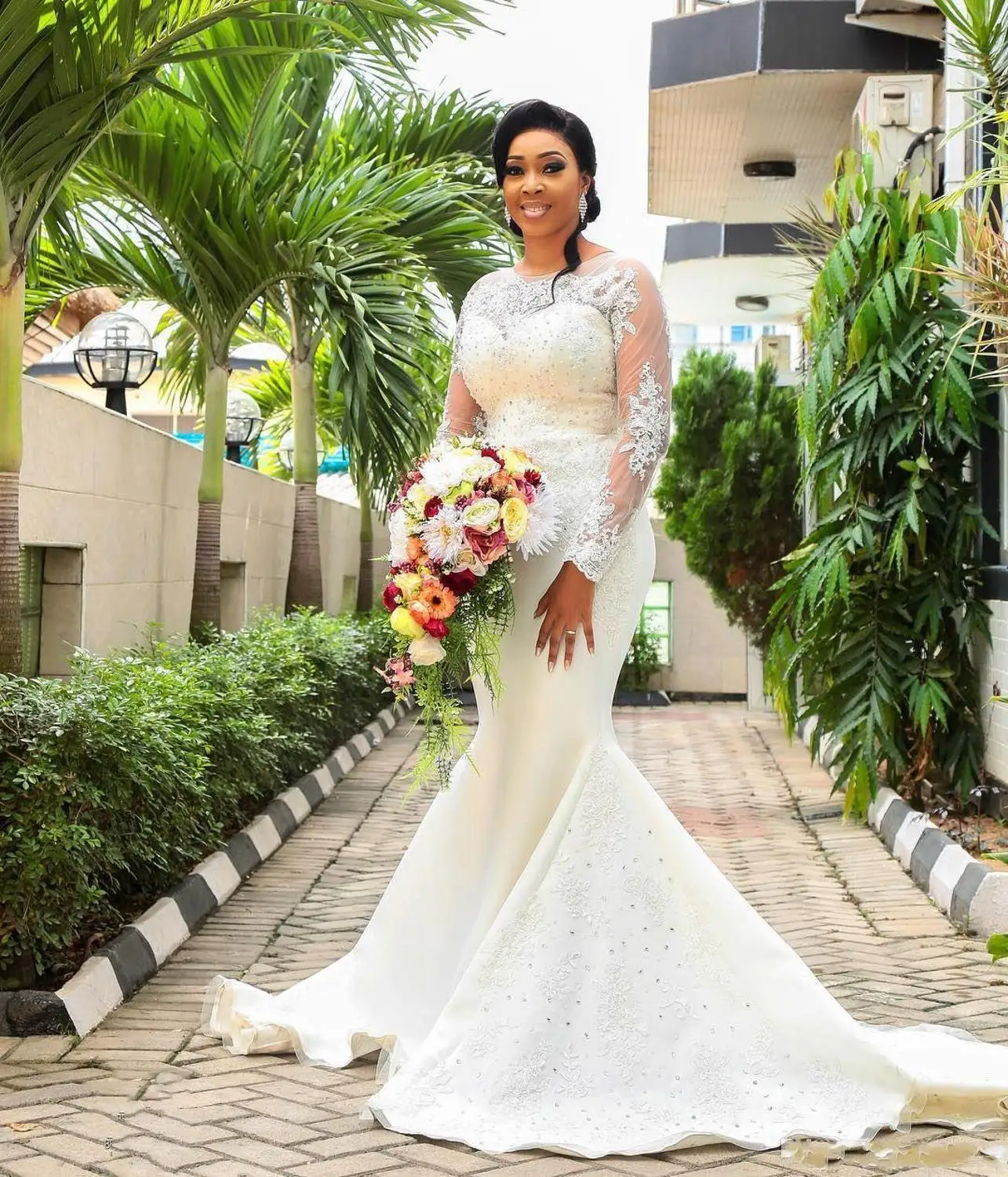 

South African Arabic Mermaid Wedding Dresses Satin Sweep Train Sheer Long Sleeves Lace Bridal Dresses Custom Made