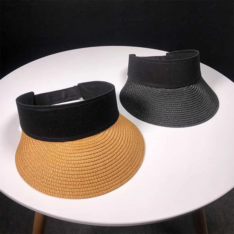 2018 Summer Women Straw Sun Visor Solid Wide Brim Empty Top Hat Unisex Clip on Beach Cap |