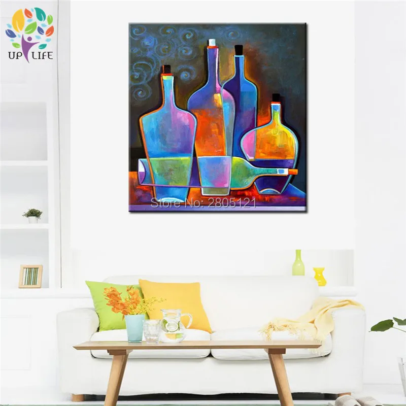 hand painted modern still life painting coloring bright wine bottles canvas picture dining room decoration wall art | Дом и сад