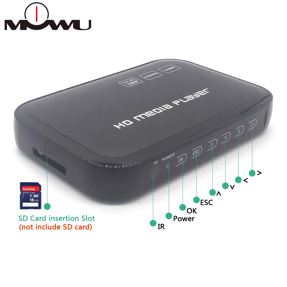 Full HD 1080 P медиаплеер центр Мультимедиа Видео плеер с HDMI VGA AV USB SD/MMC порт дистанционное управление YPbPr кабель mkv H.264