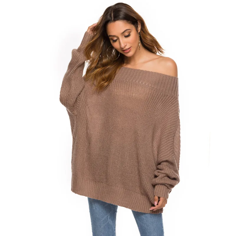 2019 Autumn and Winter Batwing Sleeve Sweater Slash Neck Long-sleeved Pullover Loose Knit Women Clothes C8098 | Женская одежда
