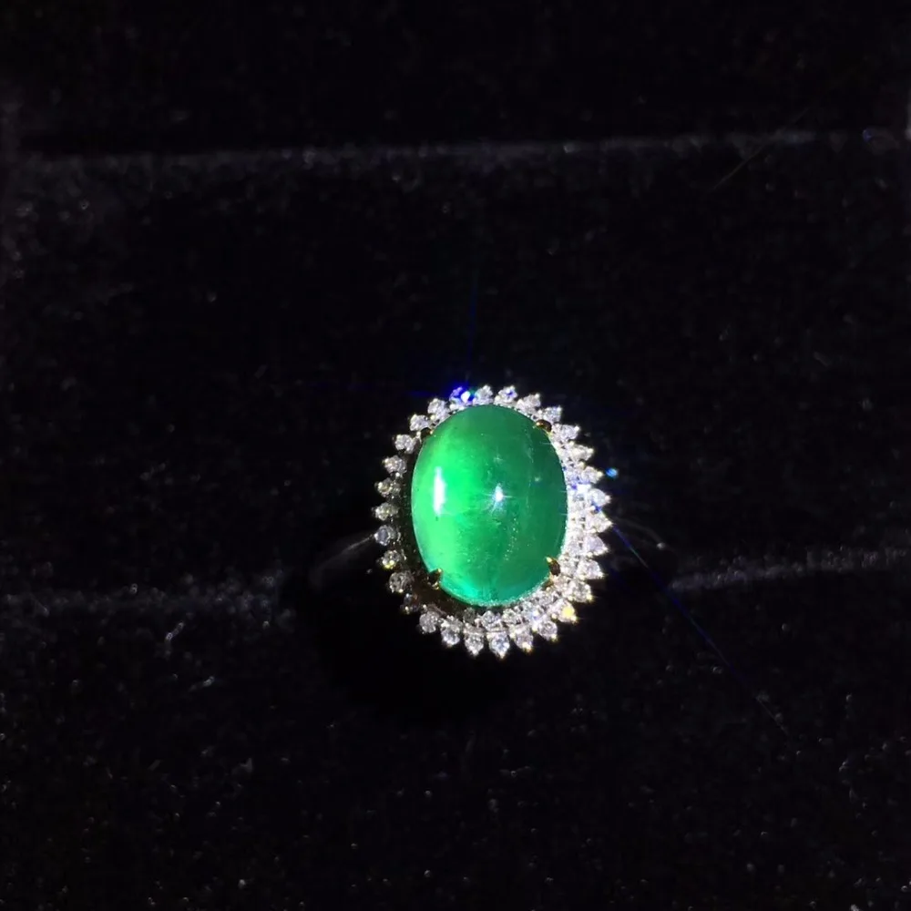 Fine Jewelry CQT 18K Gold 100% Natural Vivid Green Emerald Cabochon Gems 2.21ct 18k Diamonds Female Ring for Women Rings | Украшения и