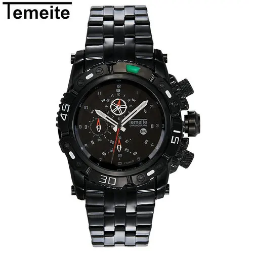 ALL BLACK TEMEITE военные шикарные негабаритные кварцевые часы для мужчин Серебряный полный стальной ремешок наручные часы Топ Роскошные модные шикарные наручные часы - Цвет: ALL BLACK