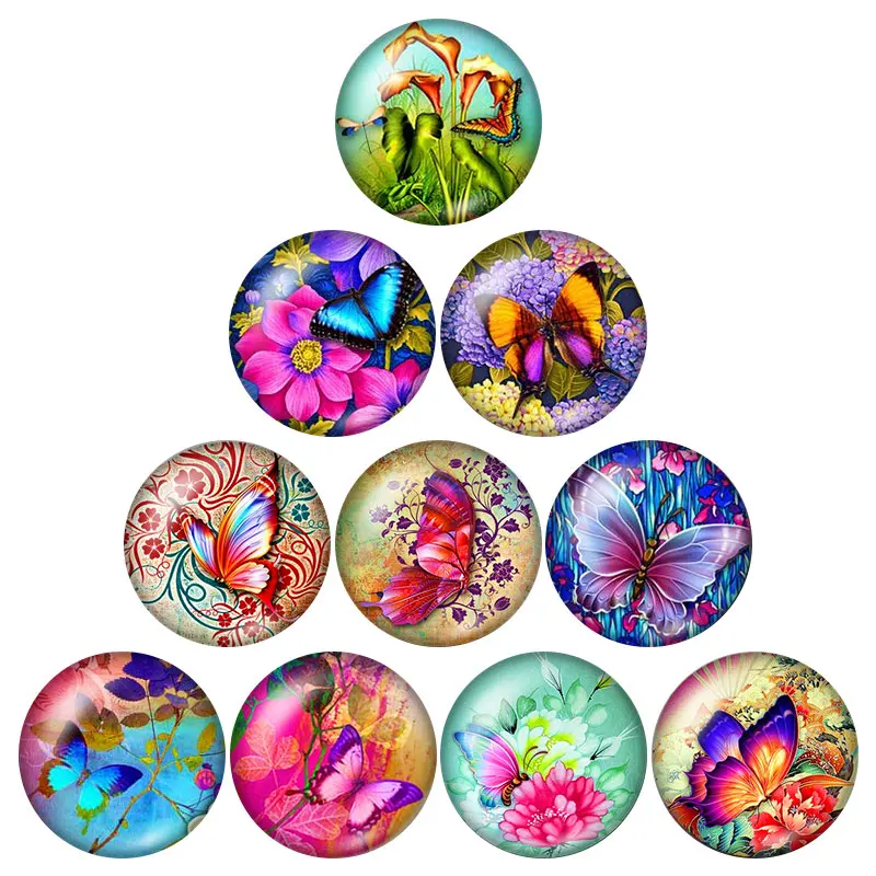 

New Beauty Butterfly 10pcs set 12mm/16mm/18mm/25mm Round photo glass cabochon demo flat back Making findings ZB0566