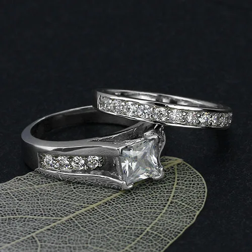 Подлинная стерлингового серебра 925 пробы обручальное его ее кольцо комплект 2 шт.