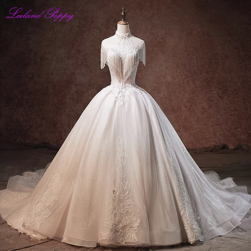 

Lceland, бальное платье с высоким воротом, свадебные платья 2021, блестящее, без рукавов, с бисером, кисточками, Кружевная аппликация, свадебное пл...
