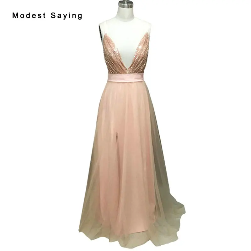 

Luxury Sexy Backless Deep V Neck Blush Pink A Line Sequined Evening Dresses 2017 Long Party Prom Gowns vestidos de festa VE217