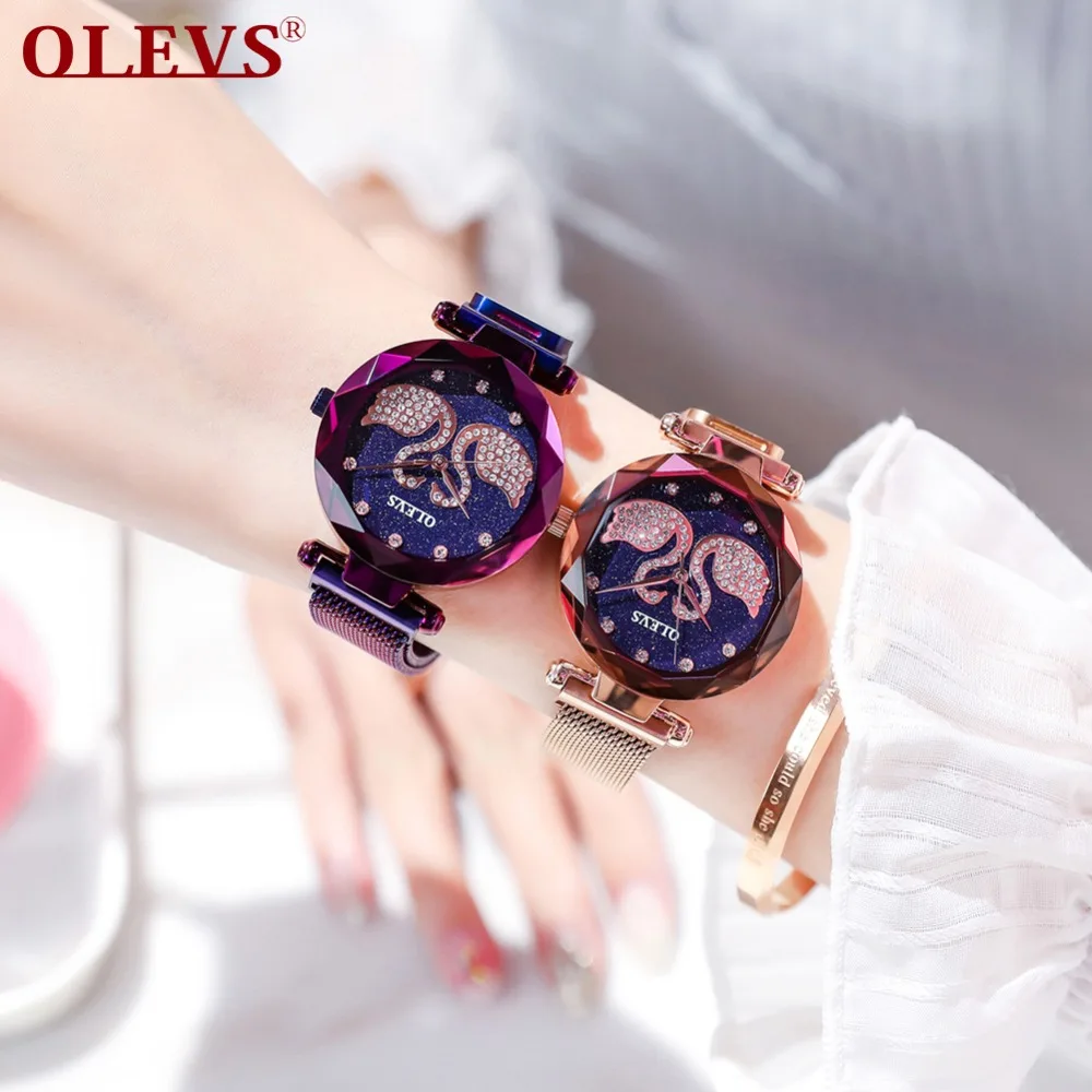 Горячая Montre Femme кварцевые женские часы Звездное небо Алмазный розовое золото Сталь женские часы с магнитной пряжкой фиолетовое платье женские часы Лебедь