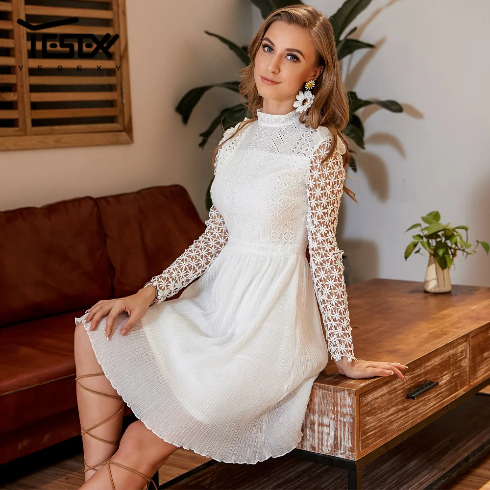 

Yesexy 2021 Summer Retro Elegant O Neck Long Sleeve Women Dresses Ruffles See Though Causal Mini Dresses DM0027