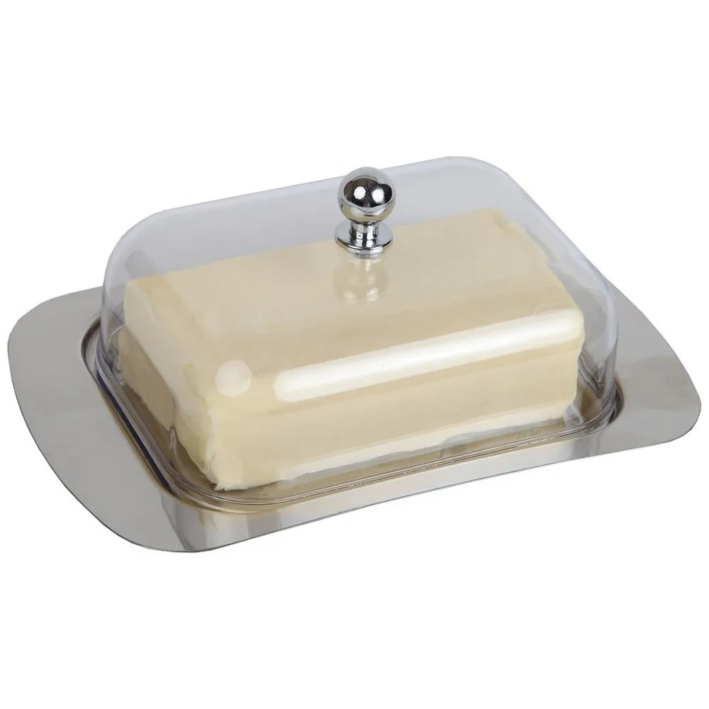 Realand Top Stainless Steel Butter Dish Box Container Cheese Server Storage Keeper Tray with See-through Acrylic Easy Lid