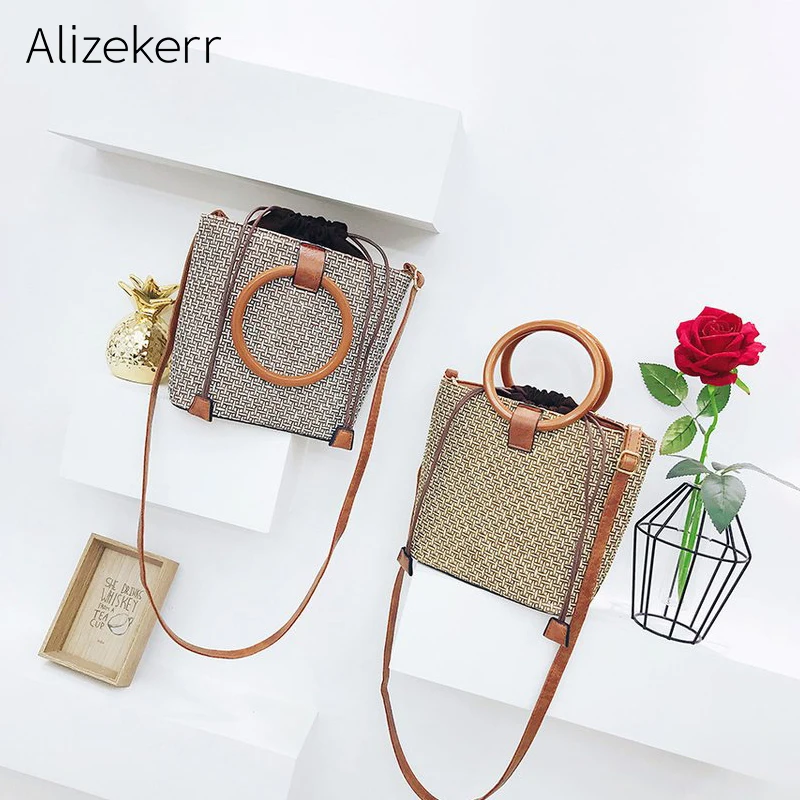 Летняя соломенная сумка женская винтажная Элегантная плетеная пляжная с