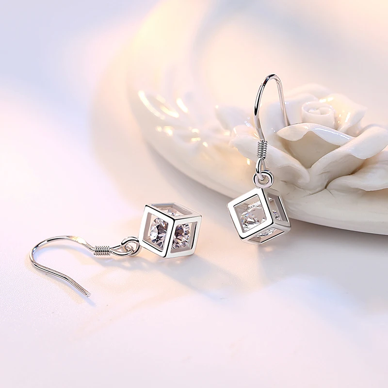 Женские серьги-кубики ANENJERY серебряные из 925 пробы циркония Подарочные S-E903 |