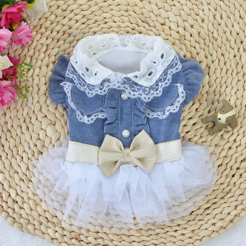 Lace Jean Dog Dress Summer Breathable England Style Bow Tie Chiffon Pet Shirt Puppy Cat Dresses For Small Dogs Teddy Chihuahua |