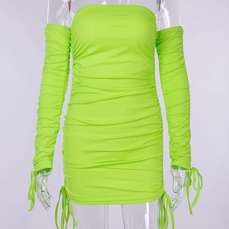Neon Green Ruched off Shoulder Long Sleeve Bodycon Dress - Sexy Party Night Club Dress for Fall 2019 by BOOFEENAA (C66-AC32) image 5