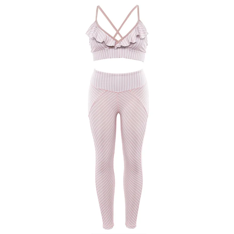 Розовые полосы полые женские спортивные наборы для спортзала эластичные Беговые