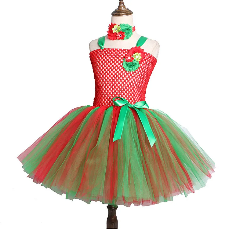

Flower Girls Christmas Tutu Dress with Headband Red Green Kids Christmas Costumes for Girls New Year Xmas Party Dress Clothes