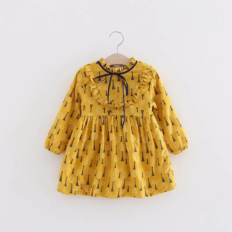 

JALAIRO New Winter Kids Lovely Thermal Full-sleeved Yellow Printed Knitted Fleece Bow Cotton Girls Casual Thicken Dresses
