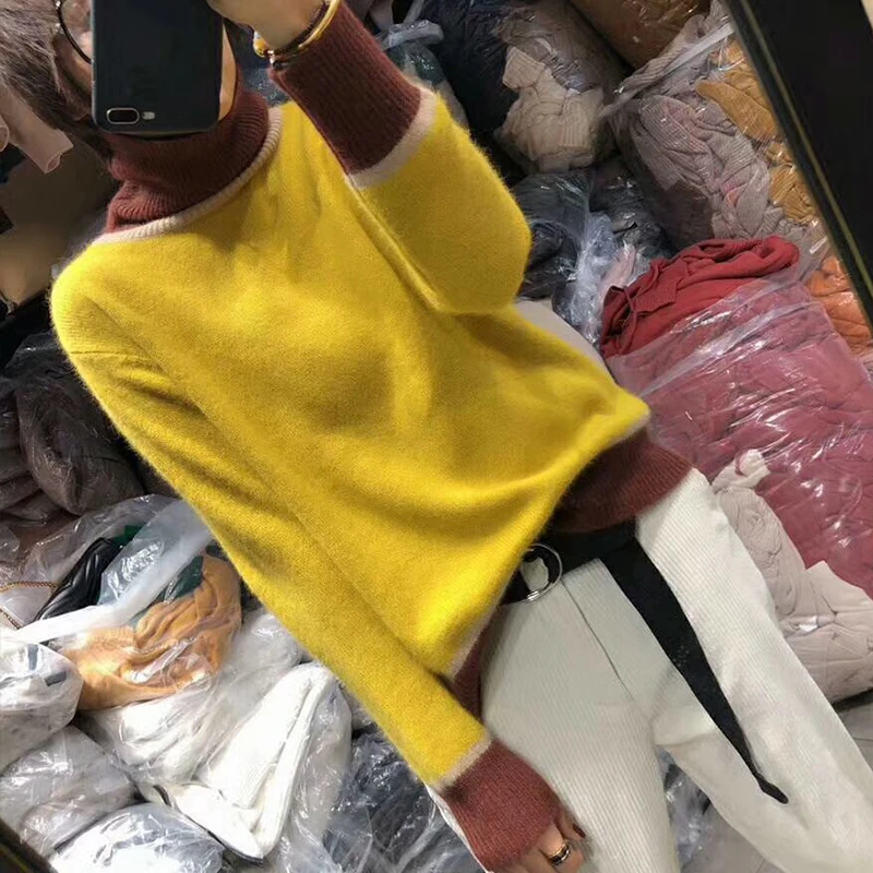 

Women Pullover Cashmere Wool Sweater 2019 New Autumn Winter Thicken High Collar Sweater Female Long Sleeve Patchwork Warm Jumper