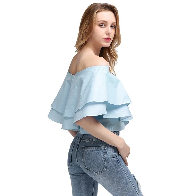 Женская блузка с рюшами TWOTWINSTYLE летняя синяя свободная v образным вырезом и