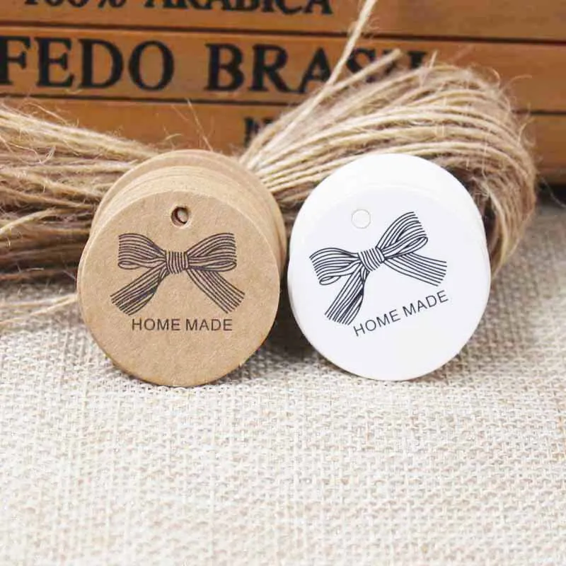 3cm cute thank you label tag ,Made with love paper Kraft/white gift hang tag100pcs +100 string  for gift packing decoration images - 6