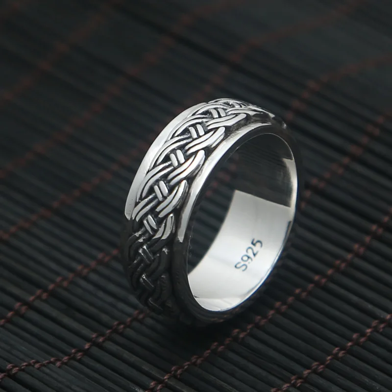 

S925 silver jewelry fashion retro silver rope ring rotating Silver Ring simple men's index