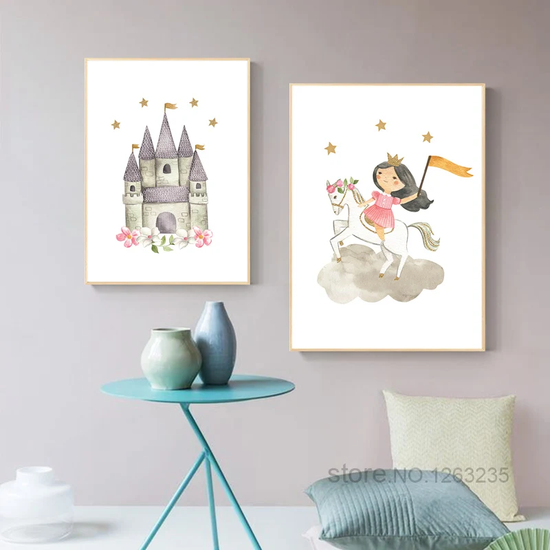 

Horse Riding Castle Wall Pictures For Living Room Princess Kids Room Decor Cartoon Wall Art Canvas Painting Nursery Unframed