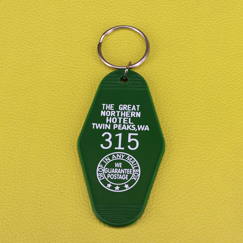 Green with white printed "Twin Peaks" Inspired "GREAT NORTHERN hotel keychain Great Northern Notepad  '315' Keytag Ke Enamel Pin