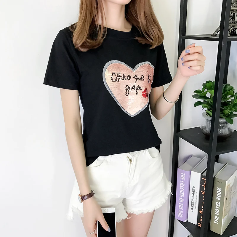 Женская хлопковая Футболка с блестками топ коротким рукавом и круглым вырезом