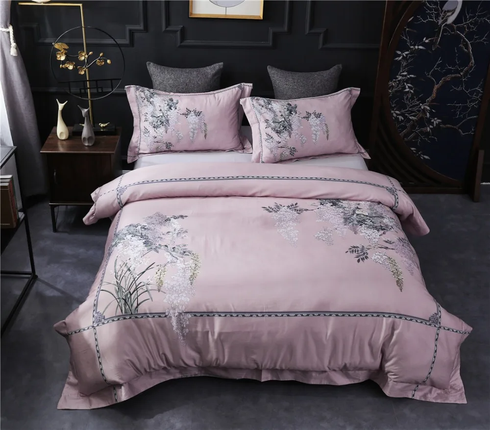 

New Luxury Digital Printing 60S Egyptian cotton Bedding sets Queen King Pastoral Duvet cover Bed sheet set Pillowcases 4pcs pink