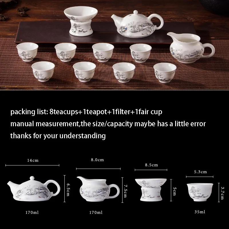 11 шт./лот Jingdezhen набор для чая Снежная сцена узор керамический фарфоровый чайный сервиз, кружка для вина/8 чайная чашка+ 1 чашка+ 1 фильтр+ 1 чайник
