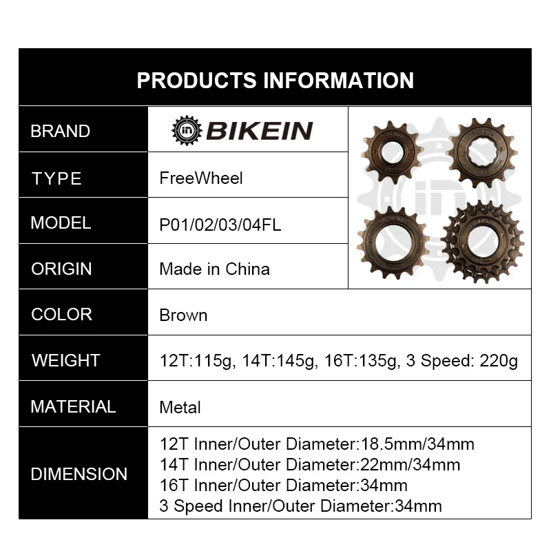 

BIKEIN - Bicycle Single Speed 12T/14T/16T Freewheel 3 Speed 16T/19T/22T Flywheel Sprocket Gear Metal 34mm Cycling BMX Bike Parts