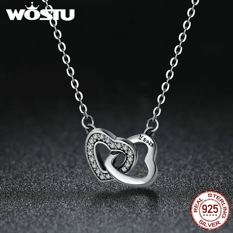 WOSTU Аутентичные 925 пробы серебро двойной подключен сердце Романтический кулон Цепочки и ожерелья для Для женщин Подарки Святого Валентина Кольер BKN181