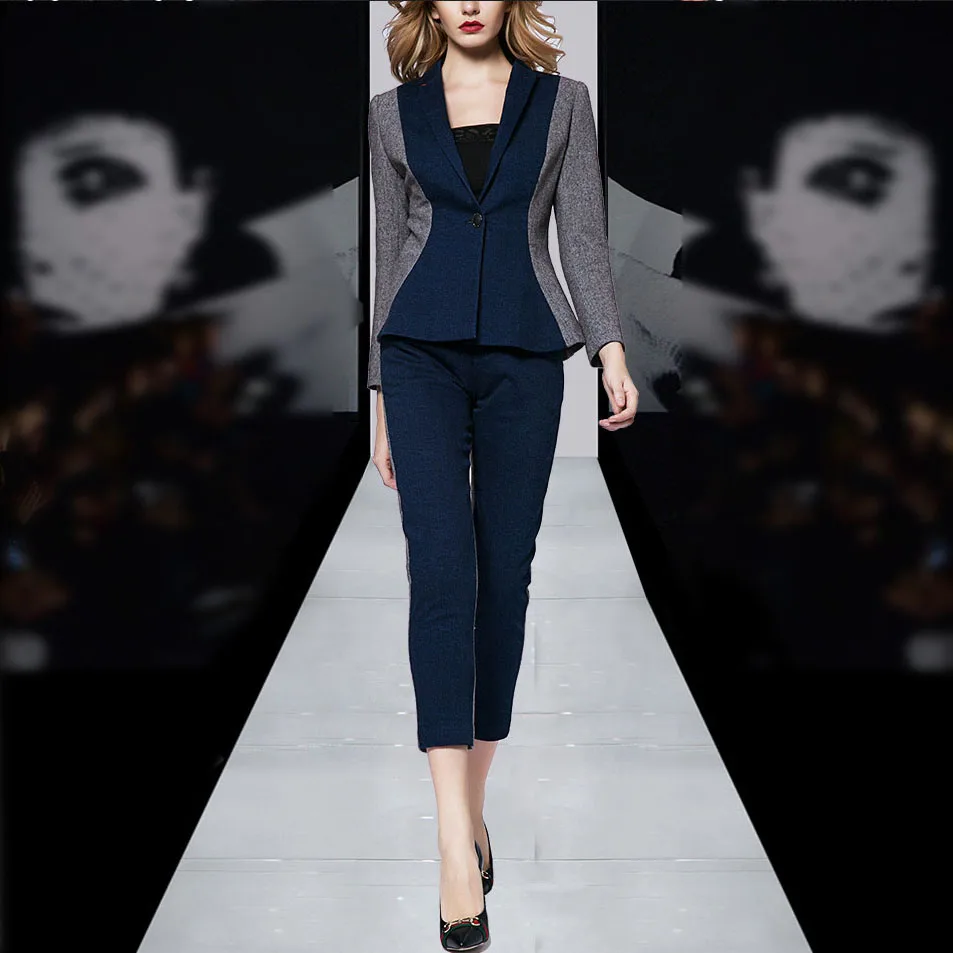 Деловой костюм для женщин синий цвет Офисная форма дизайнерские женские брюки на