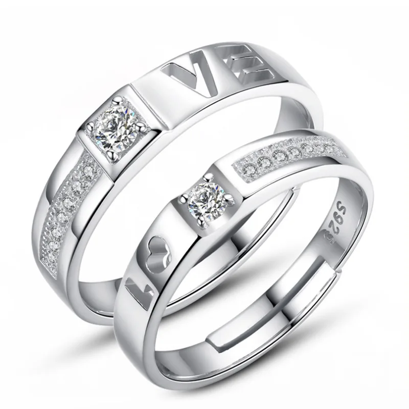 

925 sterling silver romantic love letter shiny crystal lovers couple wedding rings jewelry female men finger open ring gift