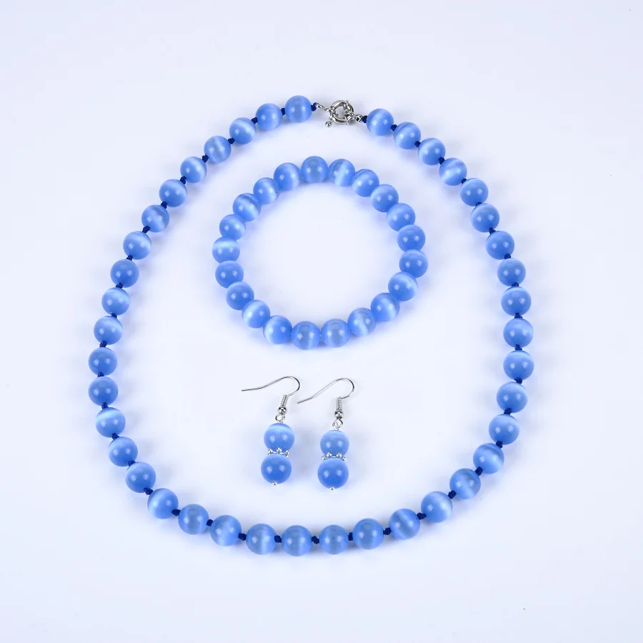 Sea blue 12 цветов, круглые бусины "кошачий глаз" из опала, 10 мм, Высококачественная цепочка, ожерелье, браслет, серьги для женщин, красивые ювелирные изделия, 18 дюймов - Окраска металла: Sea blue