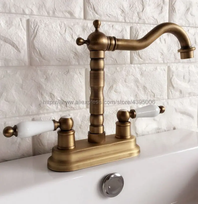 

Antique Brass Double Handle Bathroom Wash Basin Mixer Taps / 2 Hole Deck Mounted Swivel Spout Vessel Sink Faucets Ban065