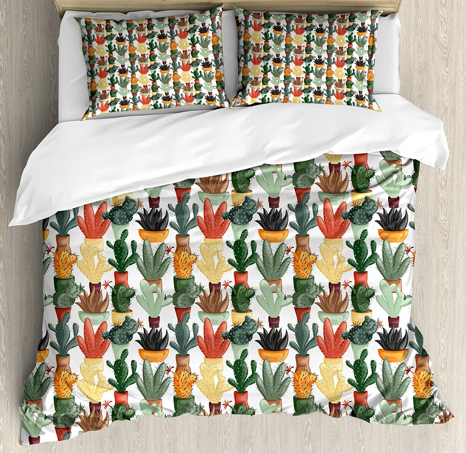Cactus Duvet Cover Set Mexican Succulent in Pots Botanical Themed Illustration House Plant Arrangement Decor 4pcs Bedding | Дом и сад