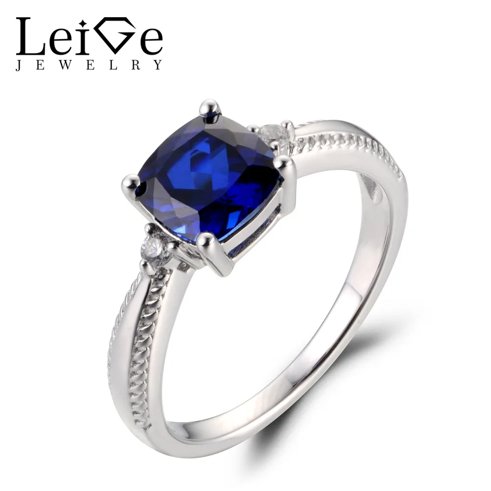

Leige Jewelry Lab Blue Sapphire Gemstone September Birthstone Cushion Cut Prong Setting Engagement Carve Rings For Woman