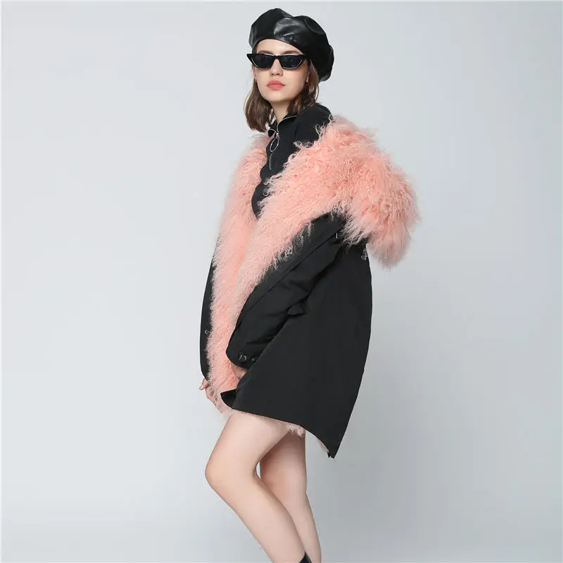 black pink Теплая женская парка на меху OFTBUY, черное пальто с подкладкой из натуральной шерсти монгольской овцы, с меховым капюшоном, большие размеры, зима - Цвет: black pink